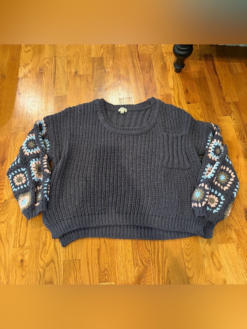 POL Crewneck Sweater with Floral Crochet Sleeves Size Small